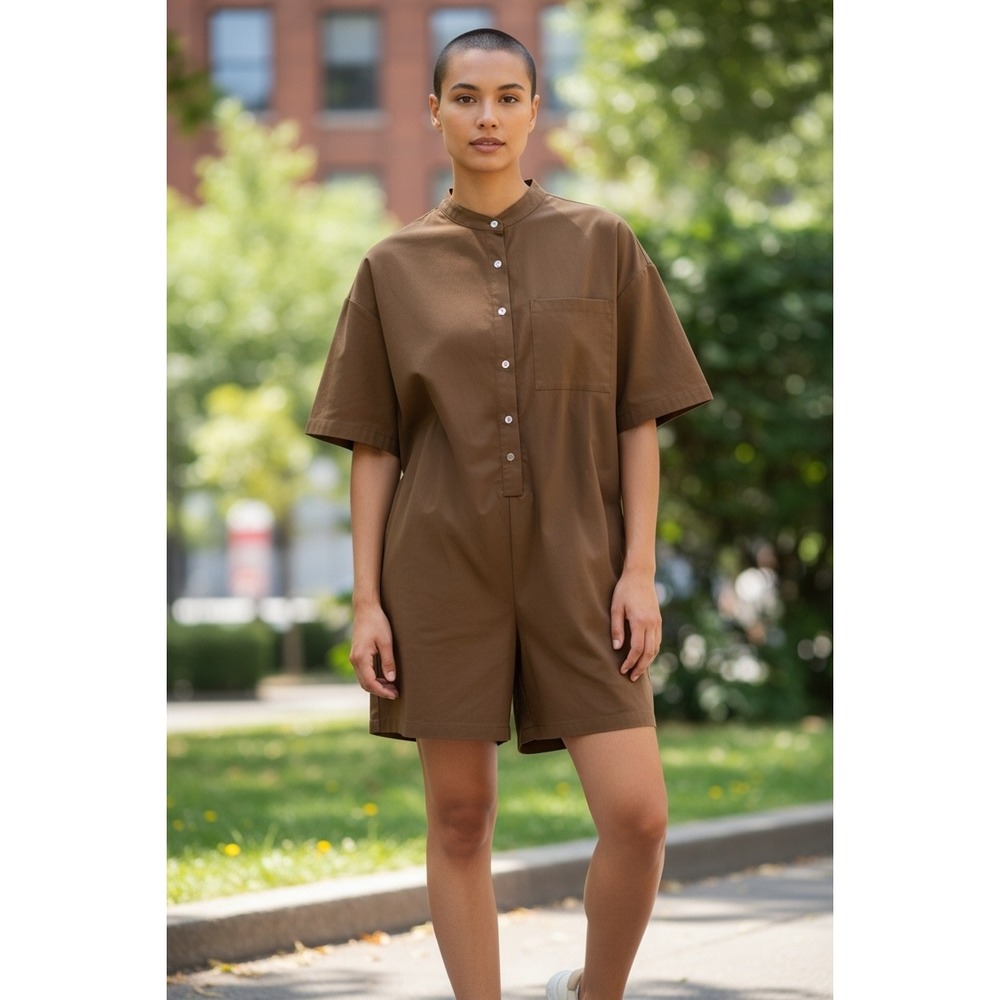 FRIFUL Brown Short Sleeve Romper Band Collar Button Front Pocket Size L